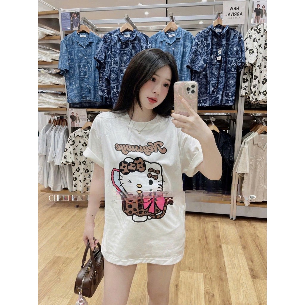 （Giao hàng 24h）Angela ÁO PHÔNG KITTY DA BEO CÀI NƠ DỄ THƯƠNG- CHẤT LIỆU VẢI COTTON 2 CHIỀU- HÀNG LOẠI 1 CAO CẤP