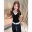 Áo thun ngắn tay cổ chữ V ren đen sang trọng Hàn Quốc dành cho nữ Mùa hè Phong cách mới Vai trước Slim-Fit Slimm