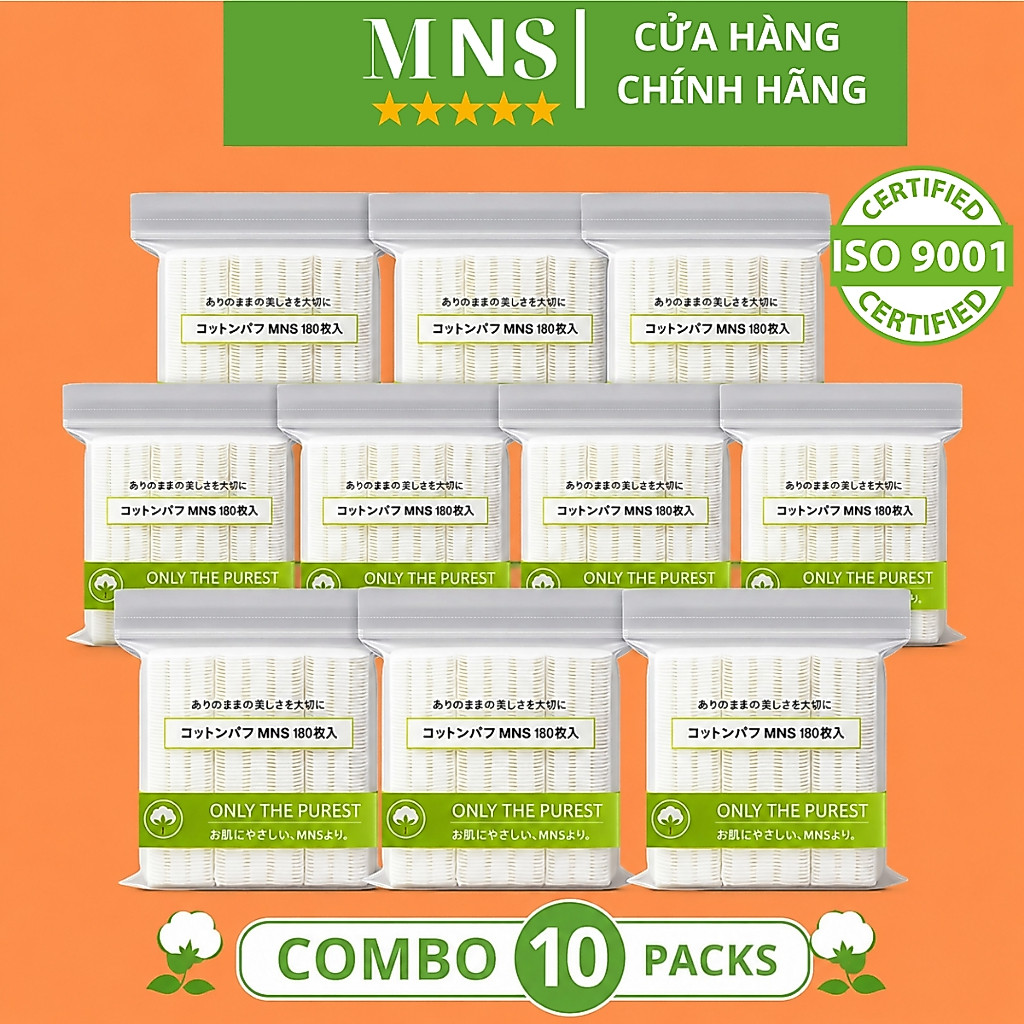 (Combo 10 gói) Bông tẩy trang MNS 180 miếng Cotton tự nhiên, Bông tẩy trang cao cấp ISO9001:2015