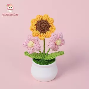 Đồ trang trí máy tính để bàn PWSEND, Móc hoa hướng dương đan tay trong chậu hoa hướng dương, mặt cười dễ thương Cây cảnh hoa giả nhân tạo để trang trí văn phòng