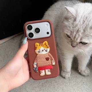 Ốp điện thoại vải thêu 3D hình mèo dễ thương Kawaii | Vỏ chống rơi mềm, Phụ kiện hàng ngày sành điệu cho bé gái và nữ, Phù hợp với iPhone 13 / 14 / 15 / 16 / 17 Pro Max Vỏ điện thoại