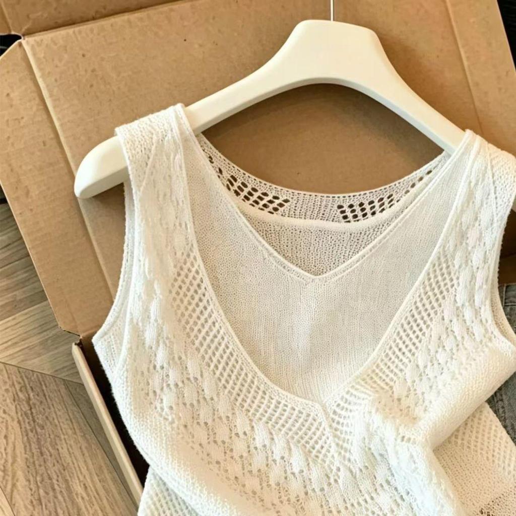 [Khuyến mãi trong thời gian có hạn] Áo Vest dệt kim hai mảnh rỗng cổ chữ V Phiên bản mỏng nhẹ nhàng phiên bản mùa hè được xếp lớp bên trong