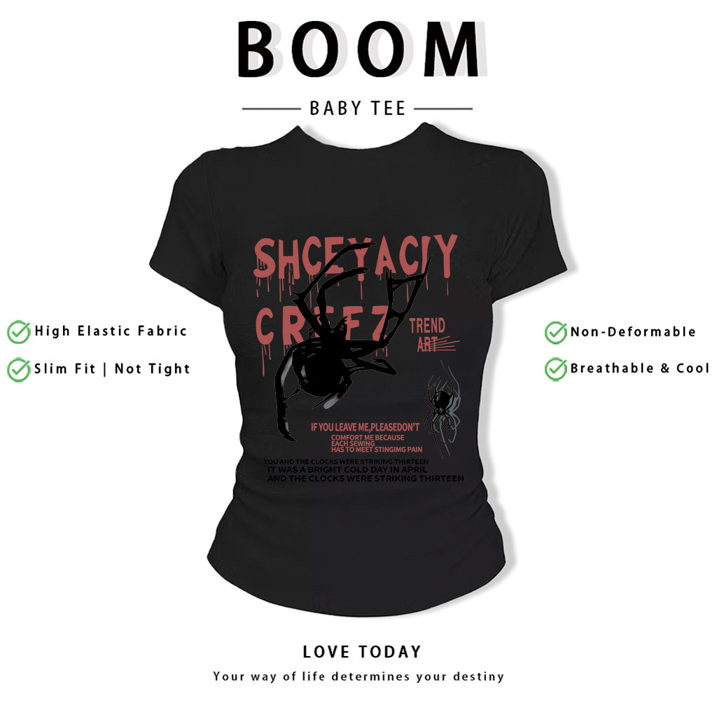 BOOM Áo Baby Tee Nữ Cotton Ôm Body-Áo Thun Ngắn Tay Y2K In Hình PhongCách Mùa Hè, Cổ Tròn Hàng Đầucách hàn quốc phong112