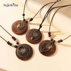 AqToCna Retro Lá Gỗ Cú Dài Áo Len Dây Xích Dân Tộc Tròn Nelace Nữ Clo Mặt Dây Chuyền Nữ Trang Sức Ne Phụ Kiện Quà Tặng Cổ Áo AqToCna
