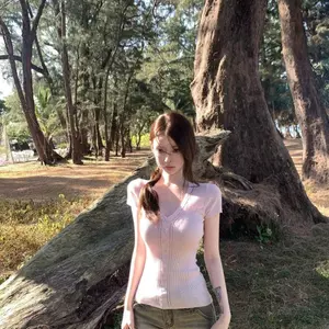 Cut Flower Hollow Double Đan Top Dệt kim Áo thun ngắn tay dệt mùa hè Pure Desire Slimer Look Phong cách mới Sli