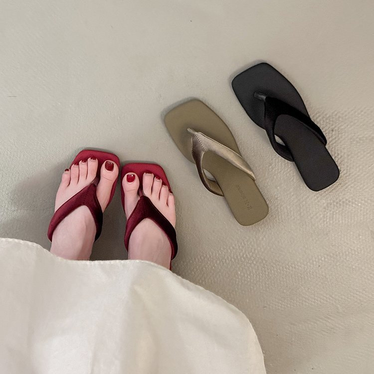 Mũi vuông mùa hè Thời trang Flip-Toe Bên ngoài Dép màu trơn PU Nữ Chống trượt Trượt Chống mài mòn @