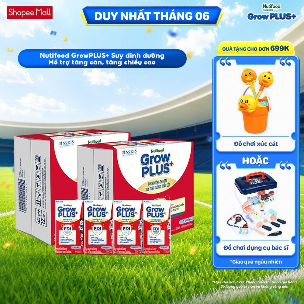 Thùng SBPS Nutifood GrowPLUS+ ít đường Suy Dinh Dưỡng - Tăng Cân, Tăng Chiều Cao (48 Hộp x 110ml) (Bao bì tùy lô hàng)