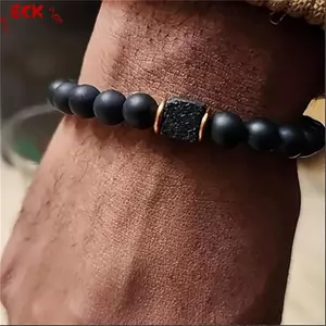 ECK Co Giãn Có Thể Điều Chỉnh Vòng Tay Nam 8mm Bla Onyx & Lava Đá Hạt Vòng Tay Cho Nam Hạt Vòng Tay Quyến Rũ Với Dây Đàn Hồi HOT