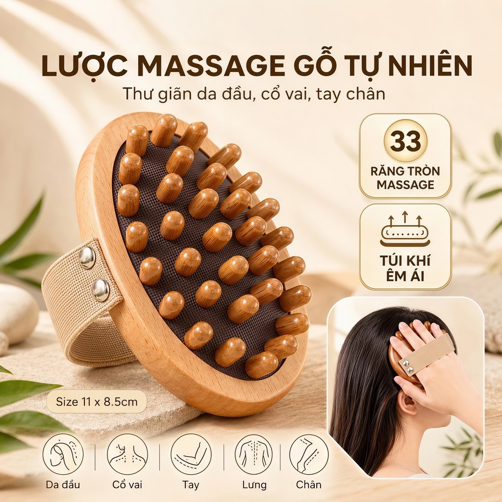 Lược Massage Da Đầu Bàn Chải Kinh Tuyến Di Động Chống Tĩnh Điện Thúc Đẩy Lưu Thông Máu Giảm Mệt Mỏi Bằng Gỗ - FE123