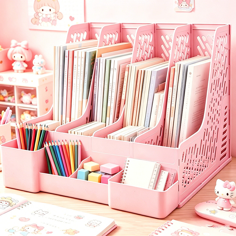 Kệ đựng tài liệu 4 ngăn để bàn học sách vở A4 đồ decor văn phòng học sinh cứng cáp gấp gọn