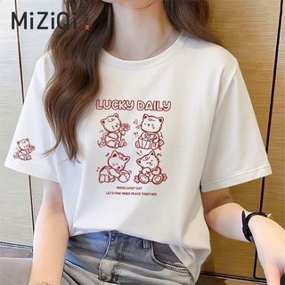 [MIZIQI] Áo thun ngắn tay Cotton nguyên chất dành cho nữ, Áo dáng rộng in hình gấu nguyên bản