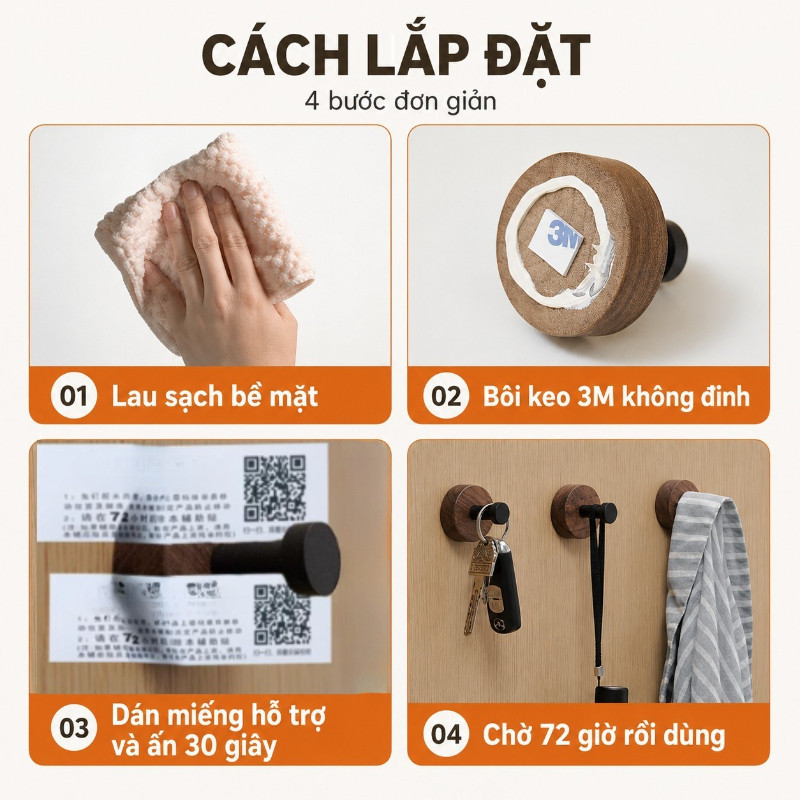 Móc Treo Gỗ Óc Chó Cao Cấp, Lắp Đặt Không Cần Khoan, Chịu Lực Cao, Cho Phòng Tắm