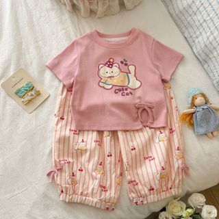 Cô Gái Mùa Hè Dễ Thương Ngộ nghĩnh In Hình Mèo Ngắn Bộ Cô Gái Kẻ Sọc Anh Đào Bloomers Quần Chống Muỗi Bộ Hai Mảnh