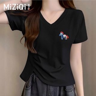 [MIZIQI] Áo thun ngắn tay cổ chữ v Cotton nguyên chất dành cho nữ, Áo ngắn có khe hở viền không đều