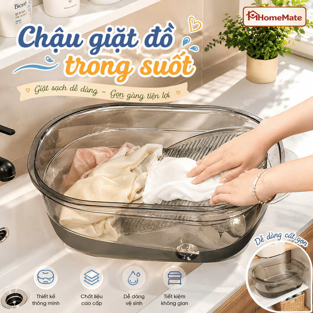 Chậu Giặt Đồ Trong Suốt HomeMate Kèm Bàn Chà Quần Áo Thông Minh, Thau Giặt Nhựa PET Dày Chống Trượt Cao Cấp