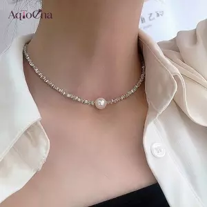 AqToCna Dây chuyền xương đòn thời trang Bạc bị hỏng Vòng tay ngọc trai không đều cho nữ Tiệc cưới Sinh nhật Vintage Trang sức Quà tặng AqToCna