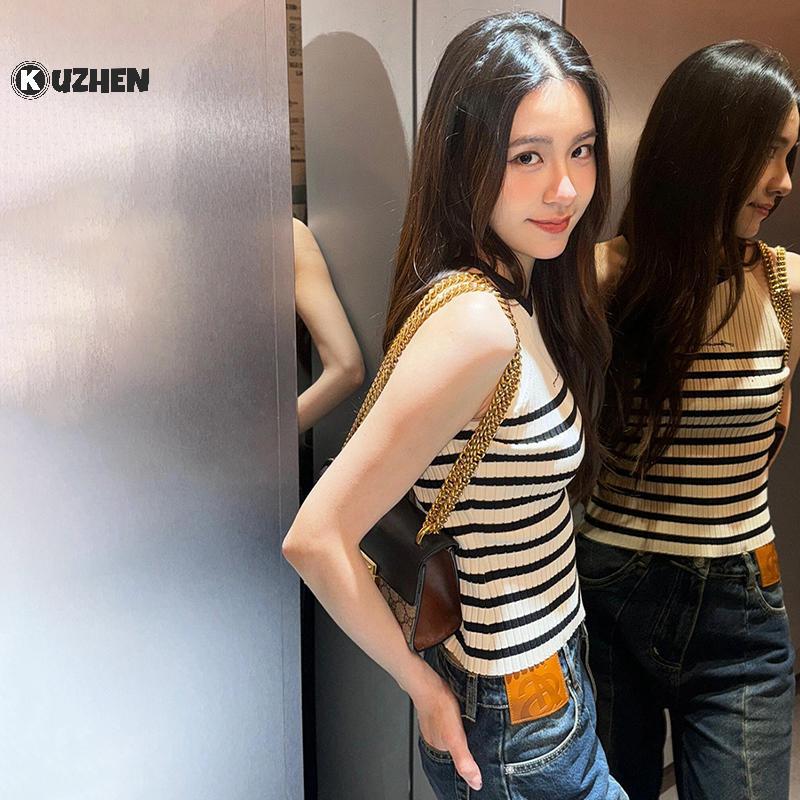 KUZHEN Sọc Áo Vest Nữ Không Tay Tròn Ne Casaul Kỳ Nghỉ Mùa Hè Vỏ Sang Trọng Áo HOT