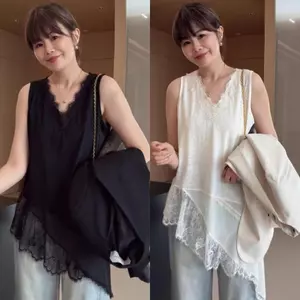 Thiết kế khâu ren không tay Tính khí hàng đầu viền không đều che bụng thon gọn hơn Áo Vest cỡ lớn