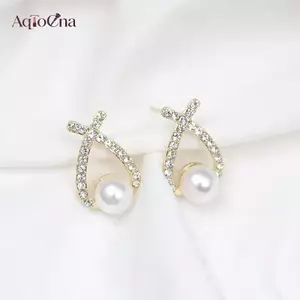 AqToCna 1 Cặp Nữ Retro Bông Tai Ngọc Trai Thời Trang Dễ Thương Thanh Lịch Ngọc Trai Bông Tai Sáng Tạo Đơn Giản Chữ X Kẻ Sọc Kim Cương Xuyên Bông Tai AqToCna