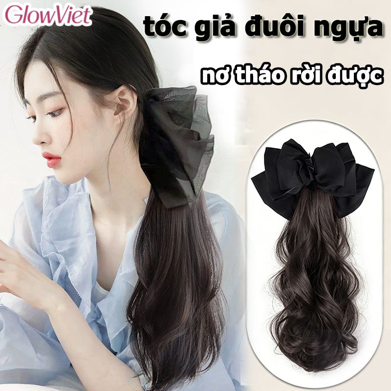 Tóc giả đuôi ngựa kèm nơ,45cm,nơ tháo rời được,xoăn bồng bềnh sóng tự nhiên,Mẫu mới 2026