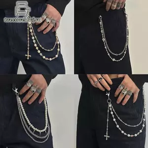 Tweeduj Tinh Tế Sang Trọng Chữ Thập Mặt Dây Chuyền Giả Ngọc Trai Quần Dây Xích Nam Punk Quần Dây Xích Hip Hop Quần Jean Dây Xích Phụ Kiện Quần Áo VN
