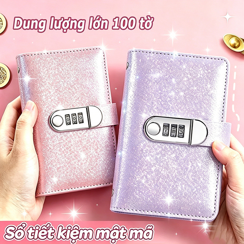 Sổ tiết kiệm đựng tiền thiết kế lấp lánh cao cấp khóa bảo vệ quản lý chi tiêu hiệu quả tiện lợi xinh