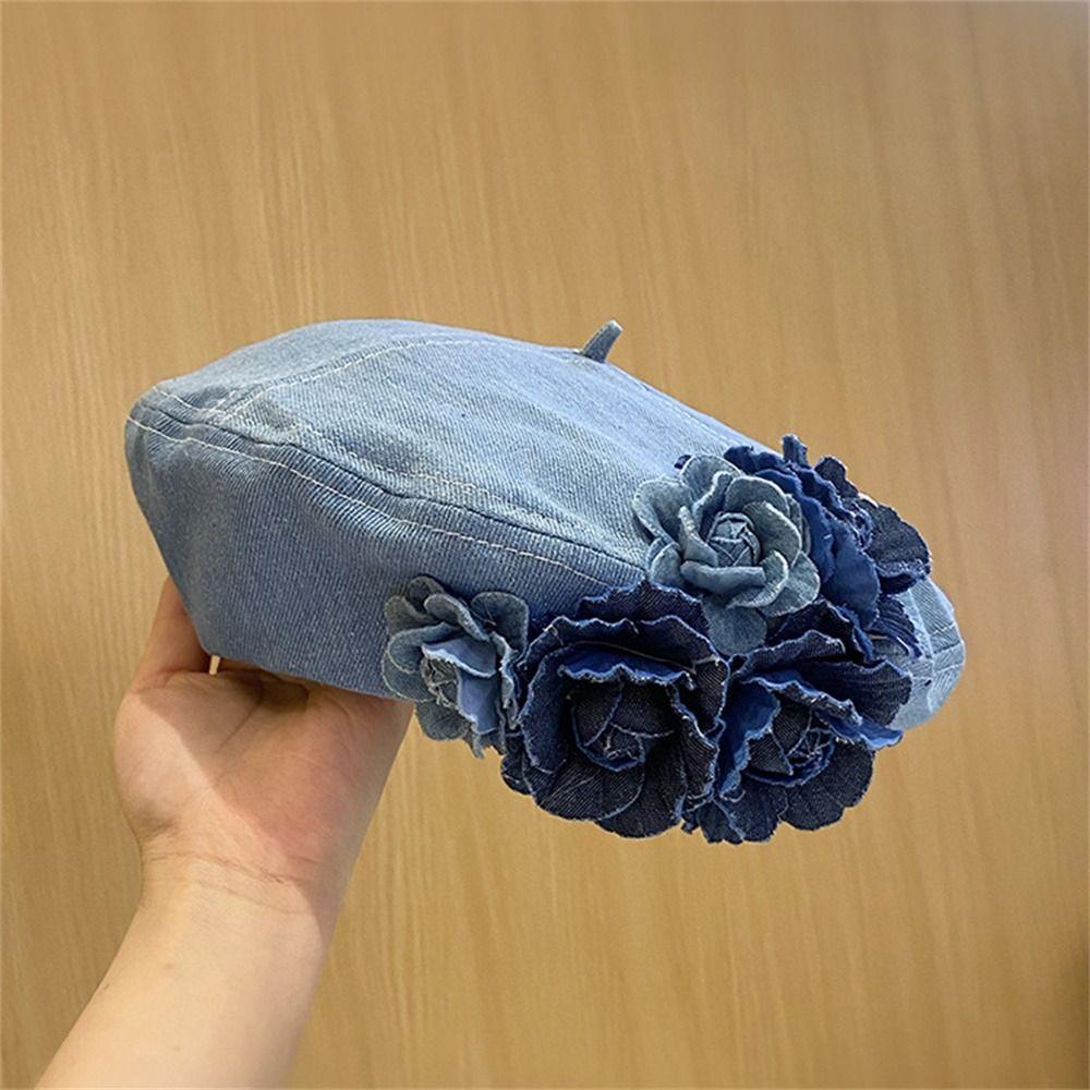 [Demo3] Mũ Họa Sĩ Cotton, Mũ Nồi Lông Tơ Camellia Hợp Thời Trang, Mũ Nồi Hoa Thường Ngày Xuân Hè Màu Denim