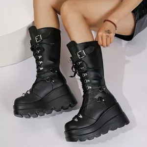 Đinh Tán Nêm Gót Hiệp Sĩ Giày Bốt Nữ Cyberpunk Giày Bốt Nữ Thu Đông Phong Cách Mới Châu Âu Mỹ Kích Thước Lớn Phong Cách Punk Đẹp Trai Đế Dày Giữa Ống Giày Bốt Nữ