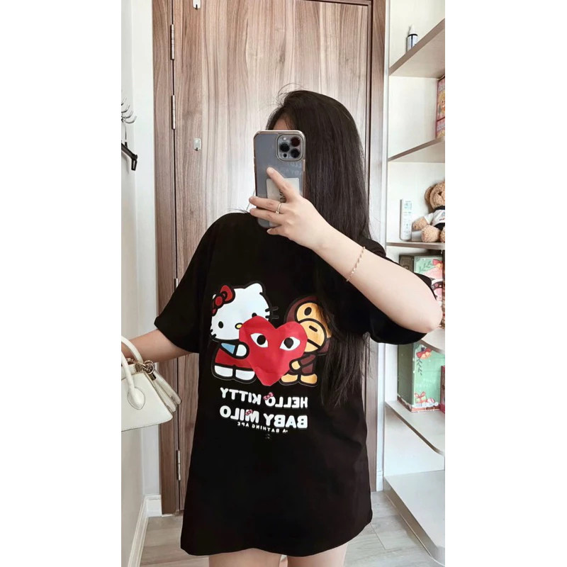 （Giao hàng 24h）Angela Áo Thun Nam Nữ Bape x Hello Kitty Hình In Dễ Thương Form Regular Dễ Mặc Vải Cotton 2 Chiều