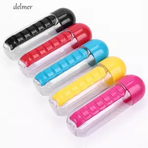Hộp đựng thuốc DELMER Bình nước thể thao, Hộp đựng thuốc hàng ngày chống rò rỉ Hộp đựng thuốc Hộp đựng nước, Chai uống nước Hộp đựng thuốc 7 lưới di động 600ml Đi bộ đường dài