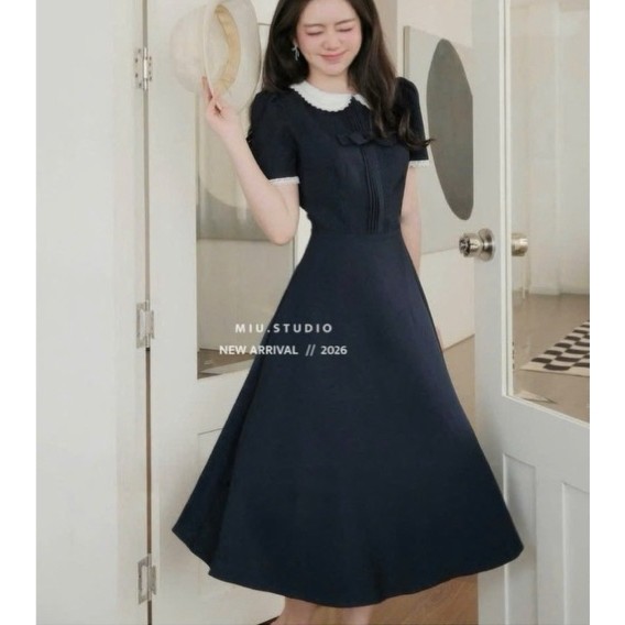 Váy liền thân dáng dài tay ngắn phối cổ sen đính nơ thanh lịch, Đầm thiết kế dáng A dài xoè phù hợp mặc đi làm,dự tiệc