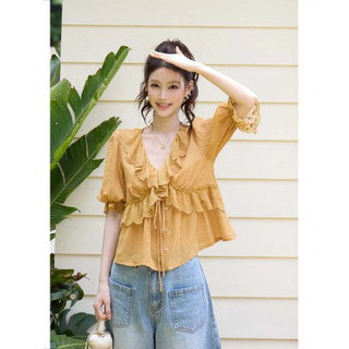 Áo Sơ Mi Tay Ngắn Voan Cổ Chữ V Xù Nấm Cạnh Slim-Fit Puff Tay Áo Sơ Mi Bé Gái Ren Xanh Mùa Hè Thiết Kế Đơn Giản Khâu Ren Thời Trang Tuổi-