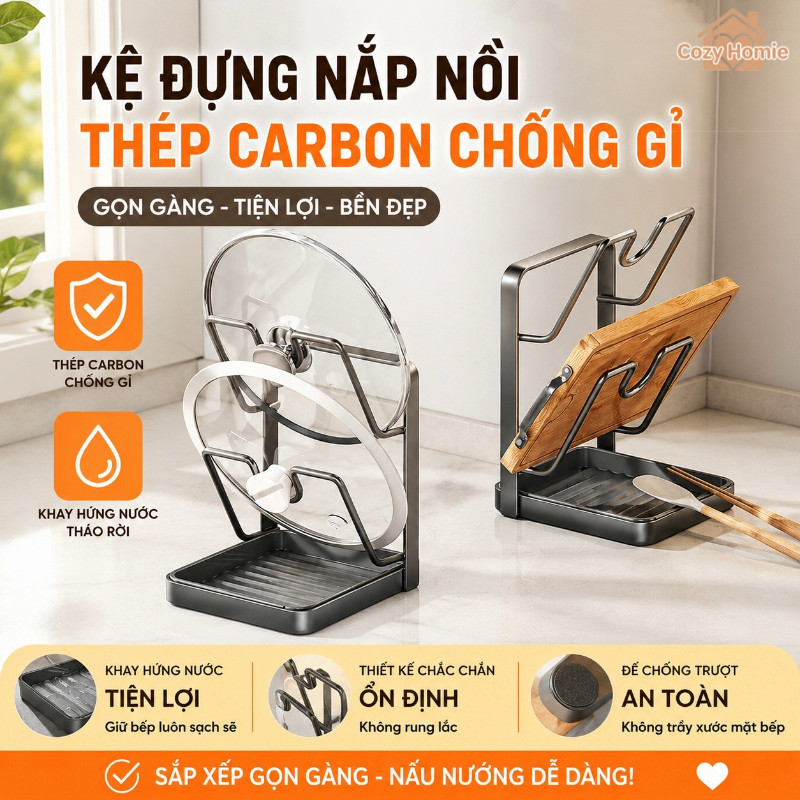 Giá đựng nắp nồi thép carbon chống gỉ 1 2 tầng khay hứng nước giải phóng không gian bếp gọn gàng