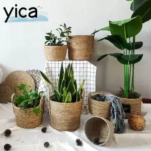 Giỏ trồng cây dệt YICA, Giỏ đựng đồ giặt chậu hoa màu vàng, Giỏ đựng đồ giặt thủ công cầm tay mây Giỏ đựng cỏ biển Trang trí nhà cửa