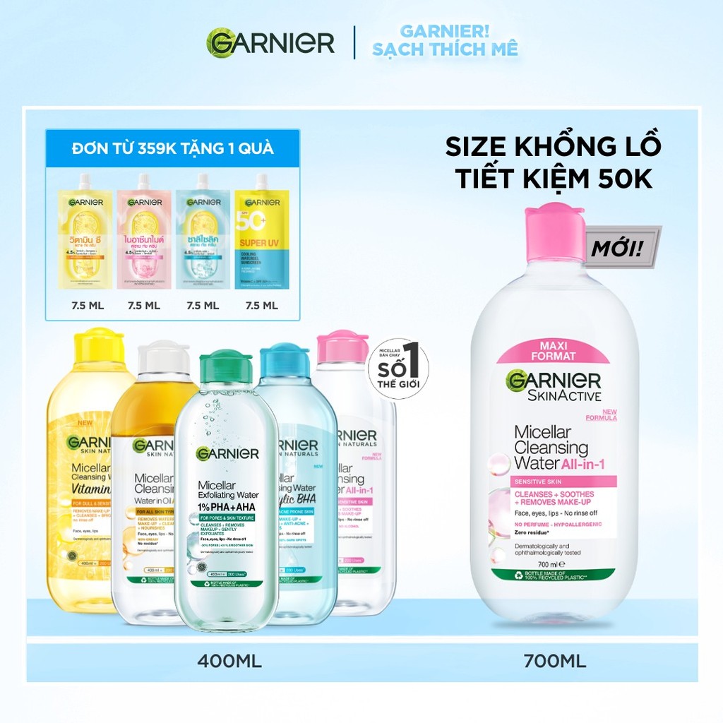 [CÓ SIZE MỚI] Nước Tẩy Trang làm sạch sâu dịu nhẹ cho mọi loại da - Garnier Micellar Cleansing Water 400ml & 700ml