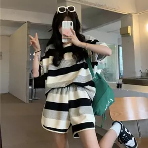 Bộ đồ mát mẻ ngọt ngào cỡ lớn Áo ngắn tay sọc mùa hè + Quần Short thể thao Bộ đồ hai mảnh