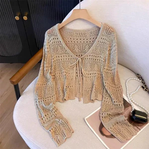 Áo len dệt kim chống nắng mùa hè dành cho nữ VN, Áo quây, Áo khoác điều hòa không khí, Áo khoác cổ chữ V mỏng có dây rút, Áo khoác ngoài.