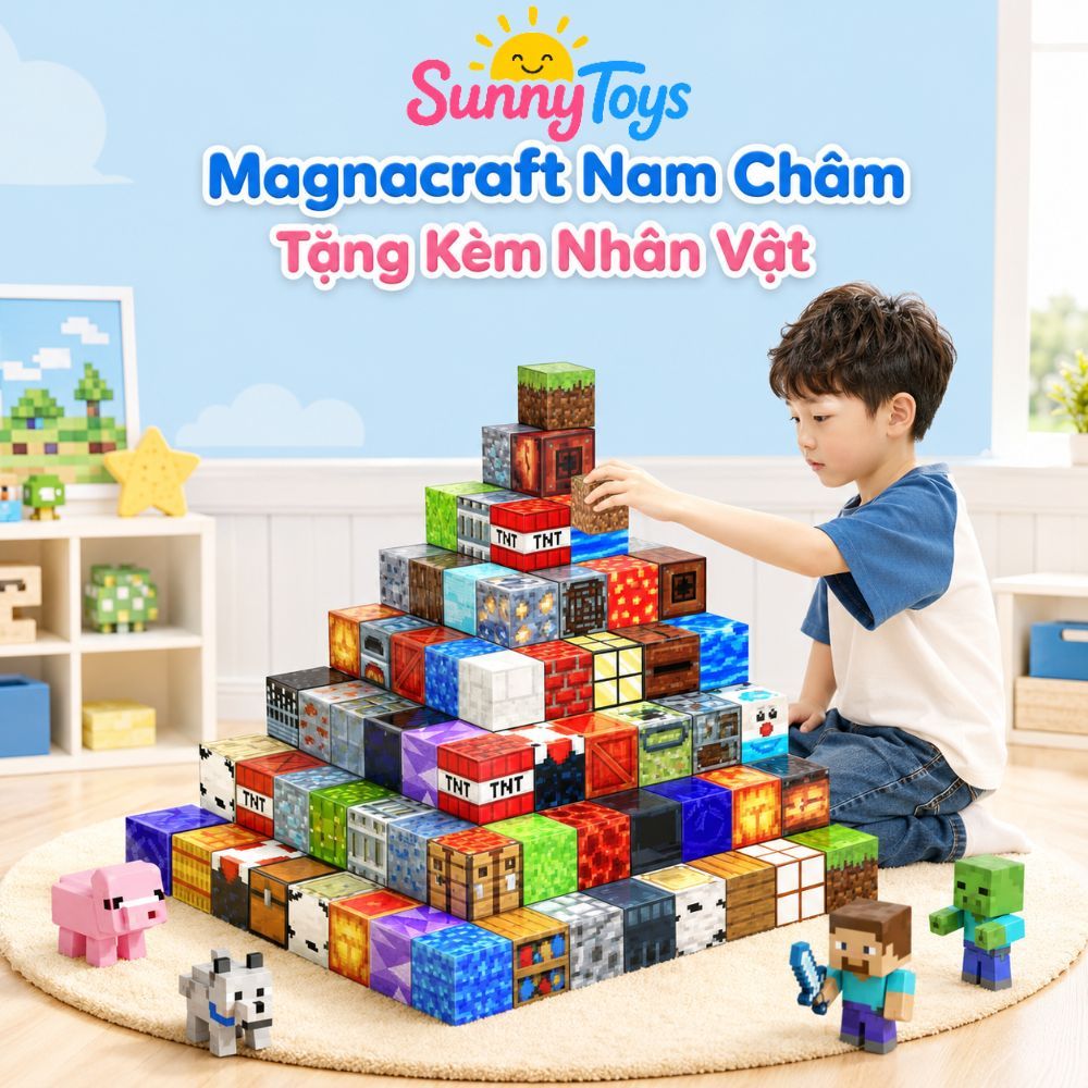Bộ Lắp Ráp Magnacraft SunnyToys 200 Khối - Nam Châm Từ Tính Kèm Nhân Vật, Bé Xây Dựng Thế Giới Game