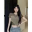 Mùa hè Mỹ Hot Girl Denim Khâu Áo thun không đều Thiết kế sang trọng Cảm giác Tính khí Slim-fit Ngắn