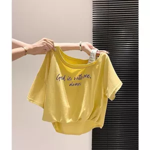 Phong cách Hàn Quốc Hot Girl Letters Slanted Vai Cotton Áo thun ngắn tay Nữ Mùa hè Phong cách mới Thiết kế dáng rộng phù hợp