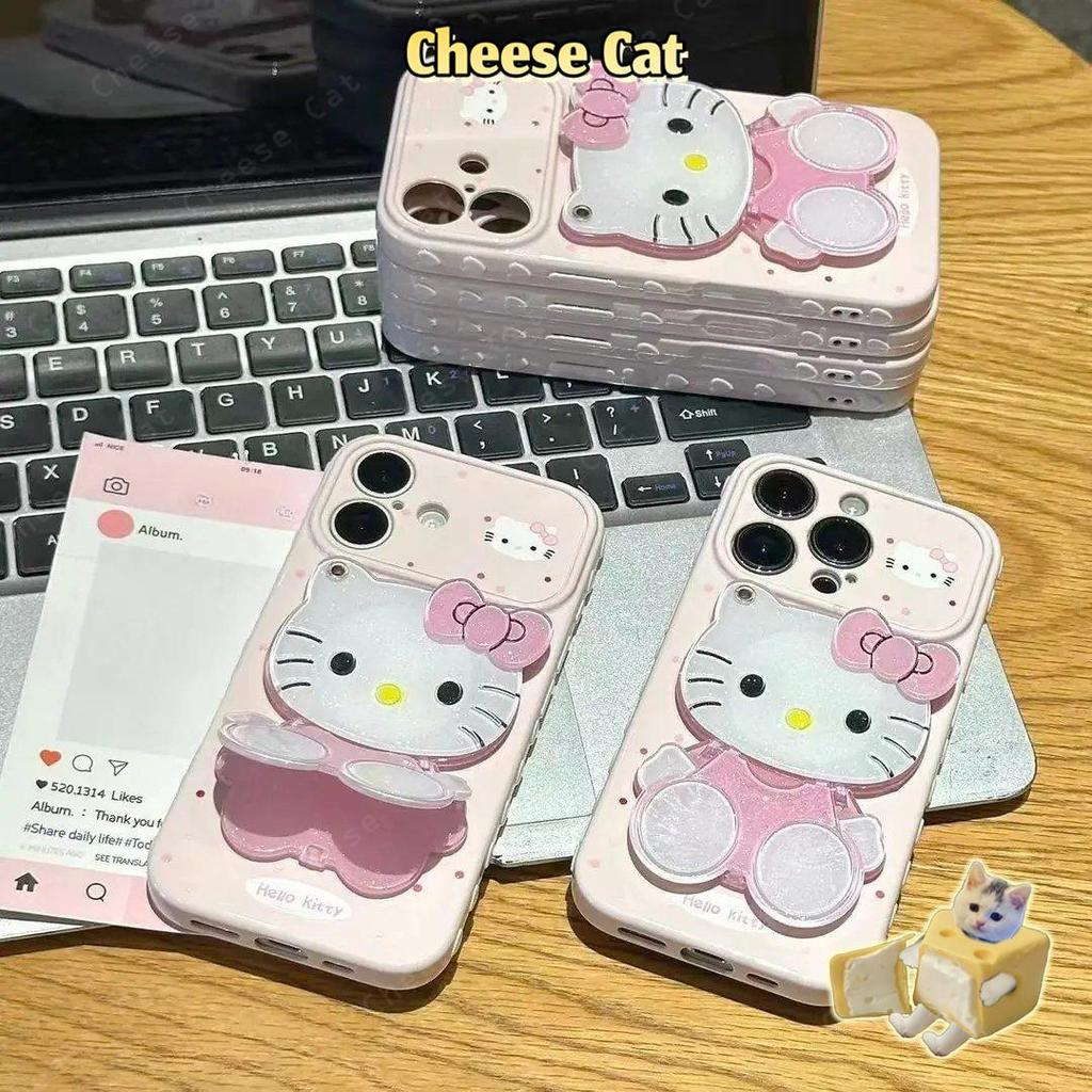 Ốp điện thoại hình gương trang điểm màu hồng lấp lánh hình Kitty màu hồng cho iPhone 17 Pro Max 15 16 13 15 14 12 11 Pro