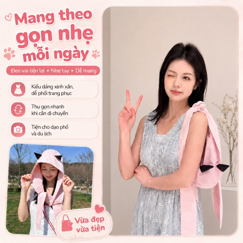 Mũ Tai Mèo Đa Năng - Người Bạn Hoàn Hảo Cho Mùa Hè, Biến Hóa Thành Túi Xách Thời Thượng, Che Nắng Toàn Diện & Tôn Dáng