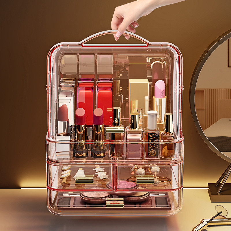 Tủ Đựng Mỹ Phẩm HomeMate Trong Suốt Acrylic Có Tay Cầm, Kệ Makeup Nhiều Ngăn Có Nắp Chống Bụi Cao Cấp