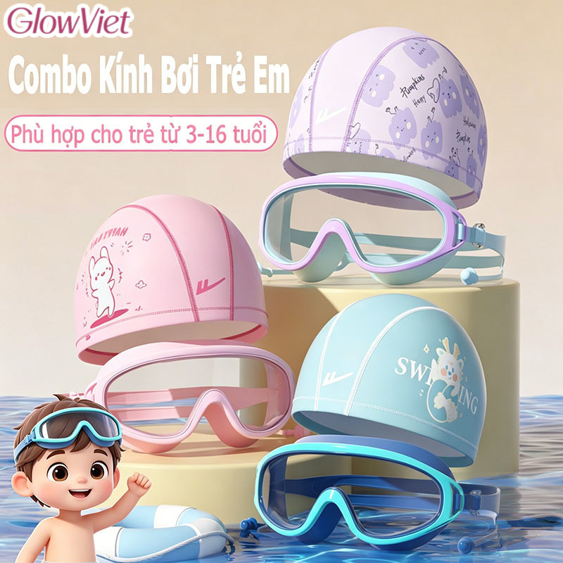 Combo Kính Bơi Trẻ Em,Nút Bịt Tai, Chống Sương Mù,Full Box,Mũ Bơi,Kính Bơi Cho Bé