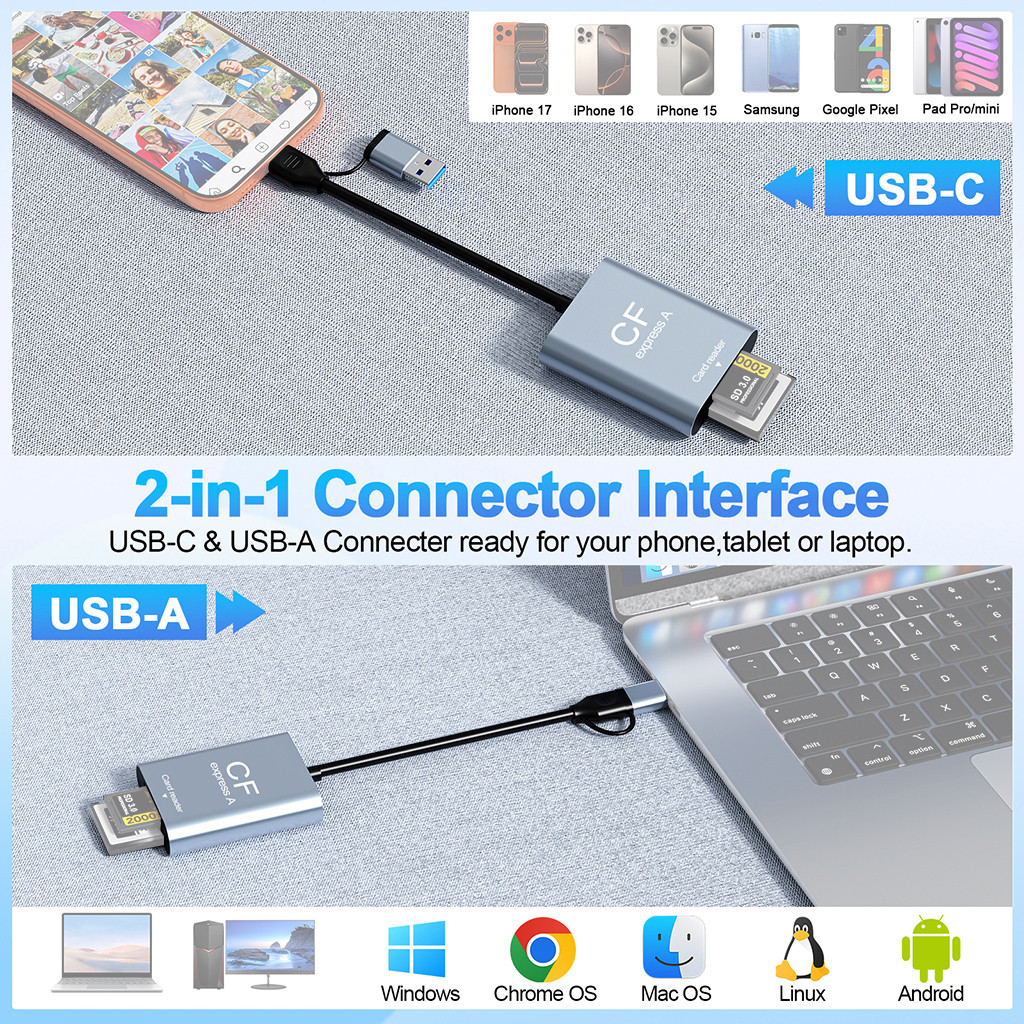 JMT CFexpress Loại A + Cổng Thẻ SD Đầu Đọc 2in1 Tương Thích USB 3.2 10Gbps Tốc Độ Cho Máy Tính Điện Thoại Thông Minh Máy Tính Bảng Chơi Game