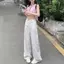 Quần jean thẳng in hoa trắng mùa hè Phong cách mới Ngọt ngào eo cao dáng rộng dáng rộng dáng rộng dáng rộng Quần lau sàn