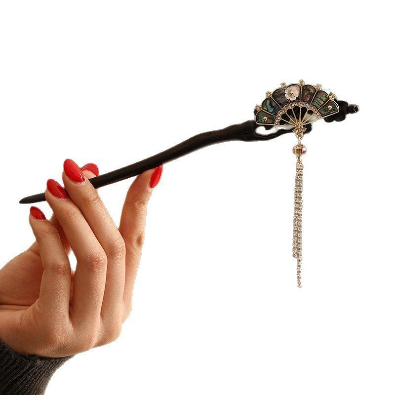 Mới Phong Cách Trung Quốc Bào Ngư Quạt Tua Rua Kẹp Tóc Cổ Điển Hanfu Cuộn Bun Trang Sức Gỗ Đàn Hương Kẹp Tóc