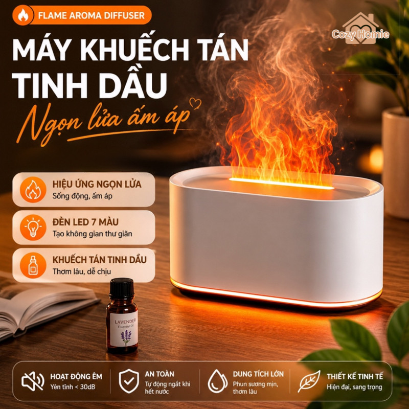 Máy khuếch tán tinh dầu Flame kết hợp chức năng tạo ẩm, giảm căng thẳng, phun sương siêu mịn và đèn chiếu sáng bảy màu.