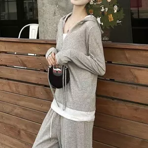 ootd Bộ đồ thể thao thông thường hai mảnh giả mùa xuân Hàn Quốc Áo nỉ bán chạy thường ngày Quần ống rộng Quần chiên phố hai mảnh
