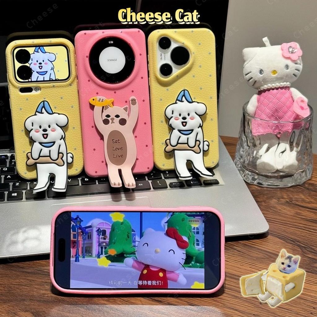 Ốp điện thoại bằng da hình cặp đôi chó mèo chân dài có thể gập lại cho iPhone 17 16 15 14 11 12 13 Pro Max Xs Max 7Plus